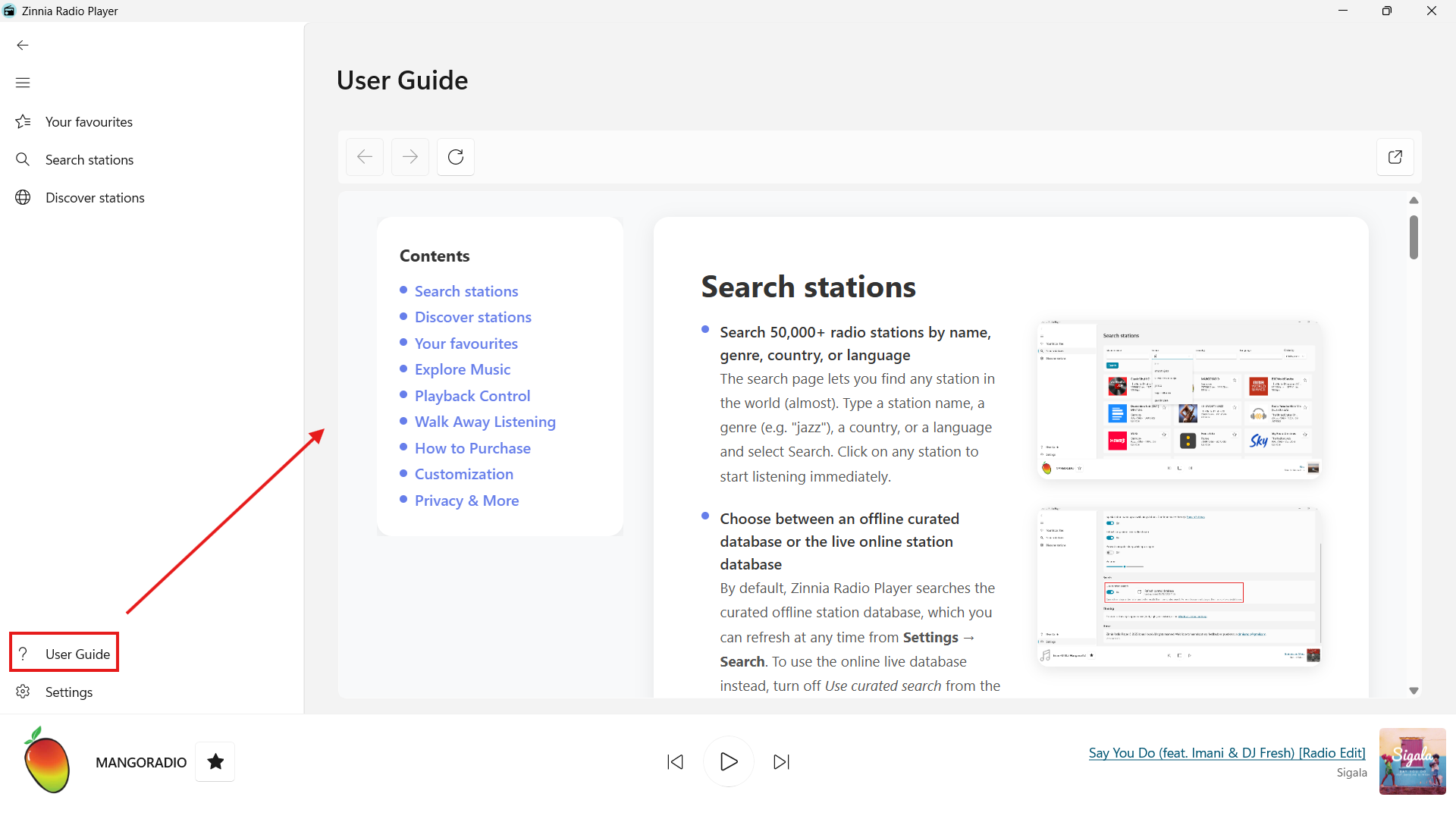 Settings Help menu showing User Guide entry