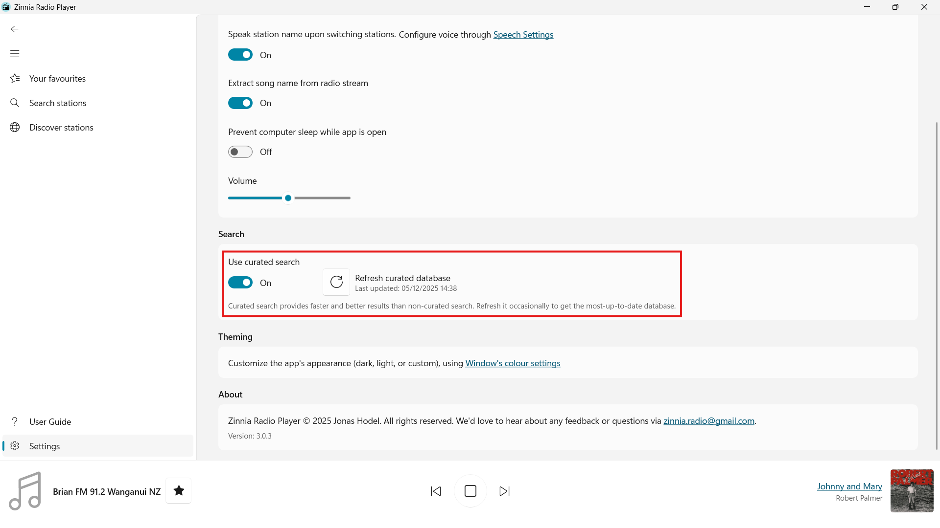 Settings showing online/offline database toggle