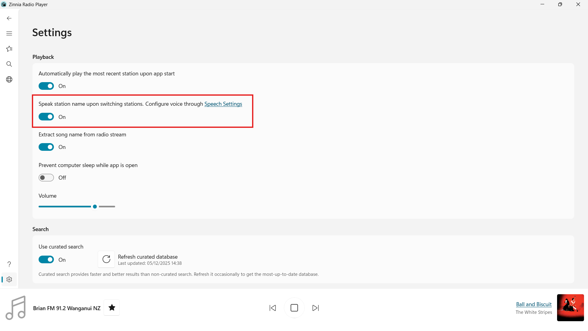 Settings showing voice settings for station name announcements