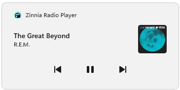 Windows SMTC media overlay showing Zinnia Radio controls